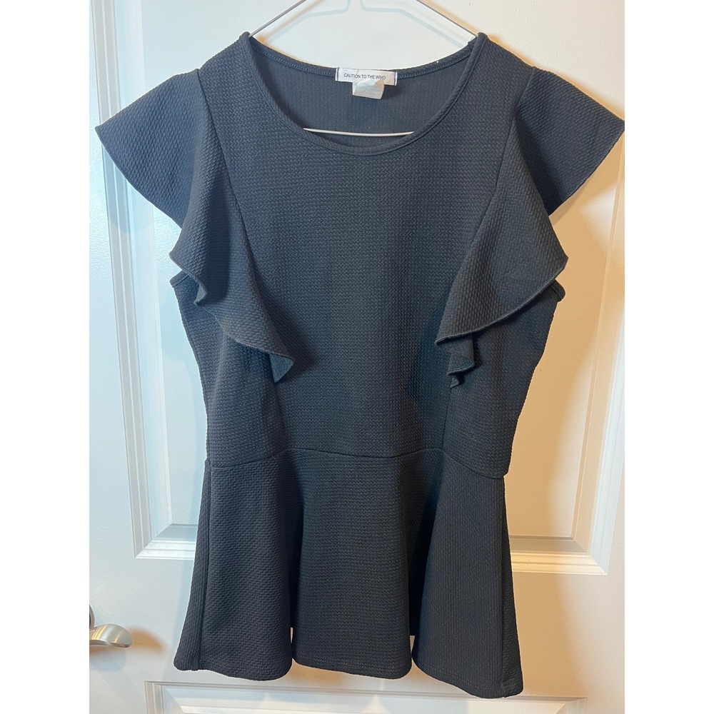 Caution to the Wind Womens Peplum Top Ruffle Flutter Sleeve Black Medium